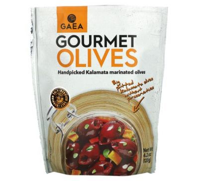 Gaea, Оливки для гурманов, маринованные каламатские оливки без косточек, 4,2 унции (120 г)