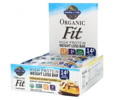 Garden of Life, Organic Fit, High Protein Weight Loss Bar, Chocolate Coconut Almond, 12 Bars, 1.94 oz (55 g) Each
