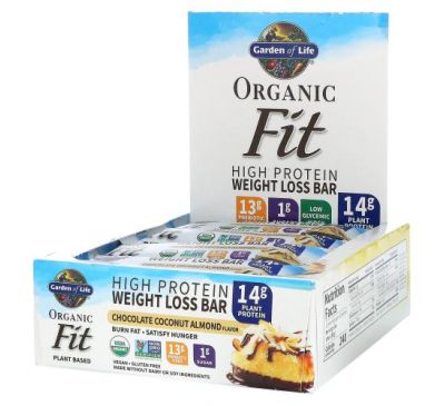 Garden of Life, Organic Fit, High Protein Weight Loss Bar, Chocolate Coconut Almond, 12 Bars, 1.94 oz (55 g) Each