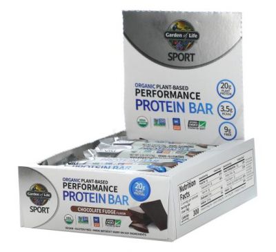 Garden of Life, Sport, Organic Plant-Based Performance Protein Bar, Chocolate Fudge, 12 Bars, 2.61 oz (74 g) Each
