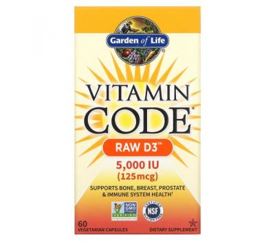 Garden of Life, Vitamin Code, RAW D3, 125 мг (5000 МО), 60 вегетаріанських капсул