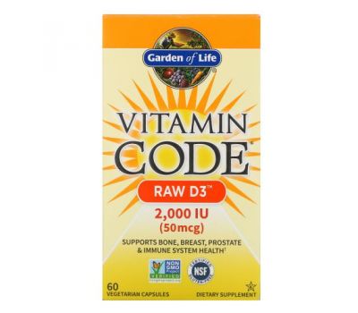 Garden of Life, Vitamin Code, RAW D3, 50 мкг (2000 МО), 60 вегетаріанських капсул