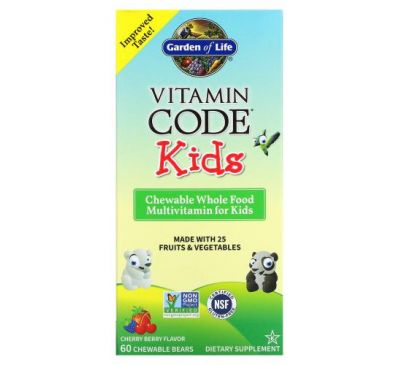 Garden of Life, Vitamin Code, для дітей, жувальні цільнохарчові мультивітаміни для дітей, зі смаком вишні, 60 жувальних ведмедів