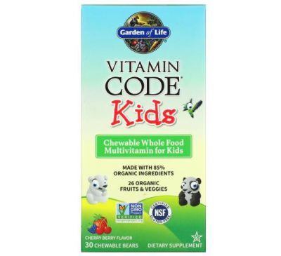 Garden of Life, Vitamin Code, жувальні цільнохарчові мультивітаміни для дітей, зі смаком вишні, 30 жувальних таблеток у формі ведмедиків