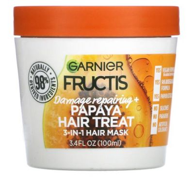 Garnier, Fructis, Damage Repairing+, Papaya Hair Treat, 3-In-1 Hair Mask, 3.4 fl oz (100 ml)