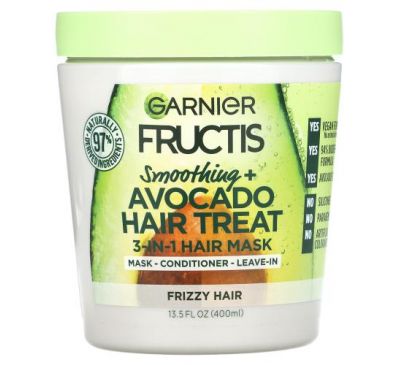 Garnier, Fructis, Smoothing + Avocado Hair Treat, 3-in-1 Hair Mask, 13.5 fl oz (400 ml)