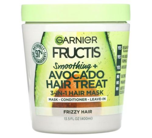 Garnier, Fructis, Smoothing + Avocado Hair Treat, 3-in-1 Hair Mask, 13.5 fl oz (400 ml)