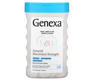 Genexa, антацид максимальной силы, органические ягоды и ваниль, 1000 мг, 72 жевательные таблетки