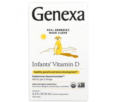 Genexa, витамин D для младенцев и новорожденных, органическая ваниль, 200 МЕ, 200 капель, 6 мл (0,2 жидк. унций)
