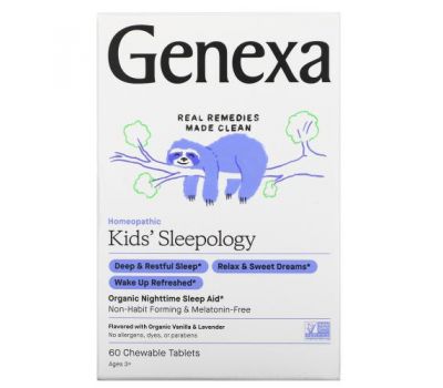 Genexa, Kid's Sleepology, органическая добавка для нормализации ночного сна, вкус ванили и лаванды, для детей от 3 лет, 60 жевательных таблеток