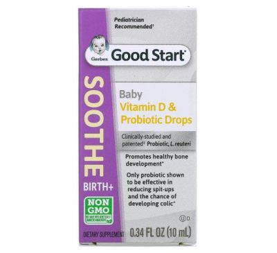Gerber, Soothe, пробиотические капли с витамином D, для младенцев с рождения, 10 мл (0,34 жидк. унции)