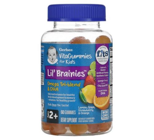 Gerber, Lil Brainies, суміш трьох омега жирних кислот і ДГК, мультивітамінна добавка, для дітей від 2 років, 60 жувальних цукерок