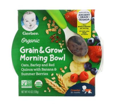 Gerber, Organic, Grain & Grow, Morning Bowl, для малышей от 10 месяцев, овес, ячмень, красная киноа с бананом и летними ягодами, 128 г (4,5 унции)