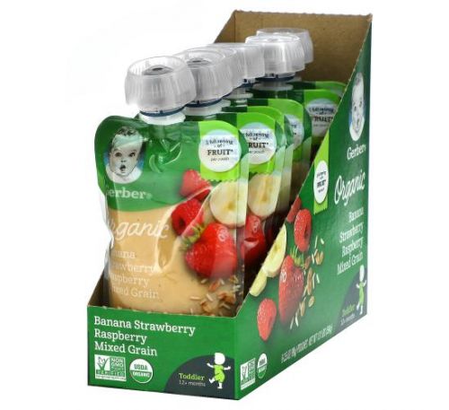 Gerber, Organic Baby Food, 12+ Months, Banana, Strawberry, Raspberry, Mixed Grain, 6 Pouches, 3.5 oz (99 g) Each