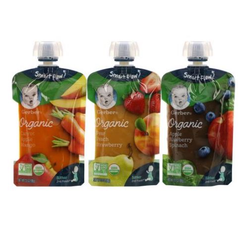 Gerber, Organic Value Pack,  Pear Peach Strawberry, Carrot Apple Mango, Apple Blueberry Spinach, 9 Pouches, 3.5 oz (99 g) Each