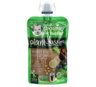 Gerber, Plant-Tastic, Organic for Toddler, Banana Berry & Veggie Smash with Oats, 12+ Months, 3.5 oz (99 g)
