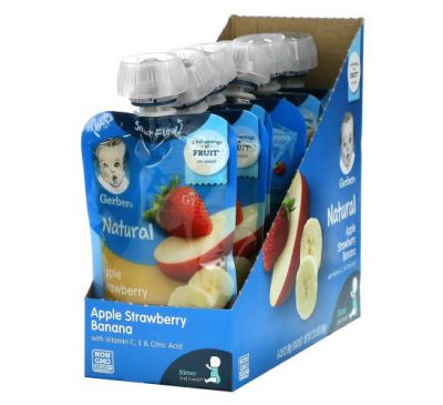 Gerber, Smart Flow, Natural, Apple, Strawberry, Banana With Vitamin C, E & Citric Acid, 6 Packs, 3.5 oz (99 g)