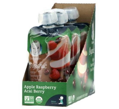 Gerber, Smart Flow, Organic, Apple, Raspberry, Acai Berry, 6 Pack, 3.5 oz (99 g) Each