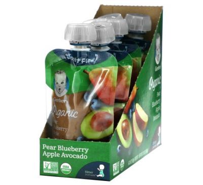 Gerber, Smart Flow, Organic, Pear, Blueberry, Apple, Avocado, 6 Pack, 3.5 oz (99 g) Each