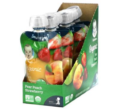Gerber, Smart Flow, Organic, Pear, Peach, Strawberry, 6 Pack, 3.5 oz (99 g) Each