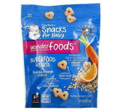 Gerber, Wonderfoods, Snacks for Baby, Puffed Multigrain Snack, SuperFood Hearts, Baby Snack, Quinoa, Orange, Carrot, 10+ Months, 1.48 oz (42 g)