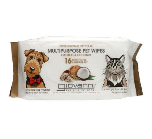 Giovanni, Professional Pet Care, Multipurpose Pet Wipes, Fragrance-Free, 75 Pre-Moistened Towelettes