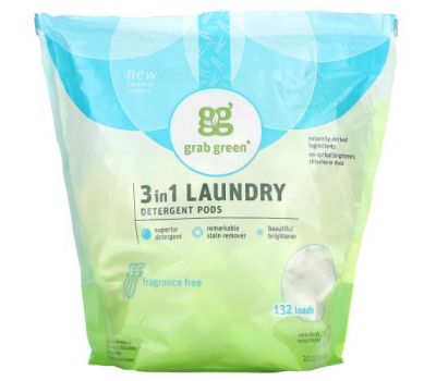 Grab Green, 3-in-1 Laundry Detergent Pods, Fragrance Free, 132 Loads, 4 lbs 10 oz (2112 g)