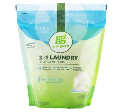 Grab Green, 3-in-1 Laundry Detergent Pods, Fragrance Free, 60 Loads, 2lbs, 6oz (1,080 g)