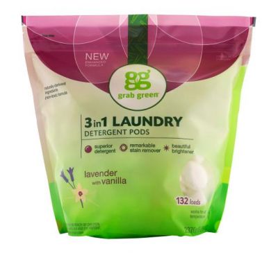 Grab Green, 3-in-1 Laundry Detergent Pods, Lavender,132 Loads, 5lbs, 4oz (2,376 g)