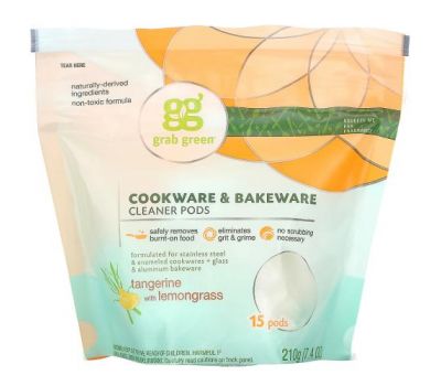 Grab Green, Cookware & Bakeware Cleaner Pods, Tangerine with Lemongrass, 15 Pods, 7.4 oz (210 g)