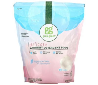 Grab Green, Delicate Laundry Detergent Pods, Fragrance Free, 60 Loads, 1 lb 4 oz (600 g)
