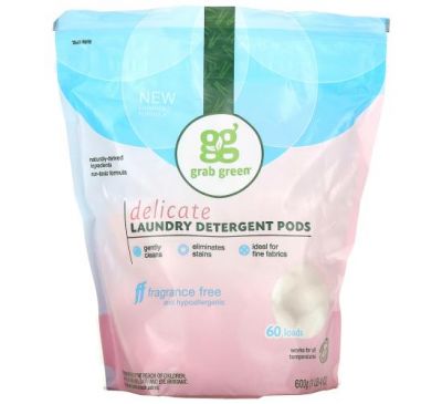 Grab Green, Delicate Laundry Detergent Pods, Fragrance Free, 60 Loads, 1 lb 4 oz (600 g)