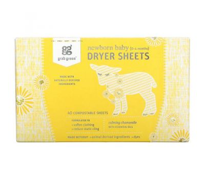 Grab Green, Newborn Baby Dryer Sheets, 0-4 Months, Calming Chamomile, 40 Sheets
