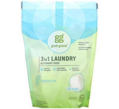 Grab Green, капсули з миючим засобом «3-в-1» для пральних машин, без ароматизаторів, 24 завантаження, 384 г (13,5 унцій)