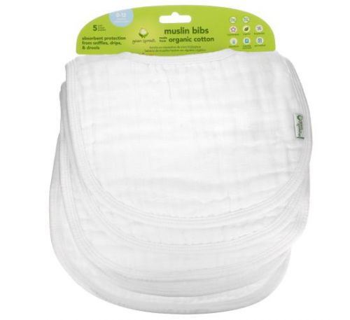 Green Sprouts, Muslin Bibs, 0-12 Months, White, 5 Pack
