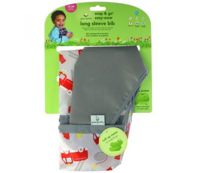 Green Sprouts, Snap & Go Easy Wear Long Sleeve Bib, 12-24 Months, Gray Firetruck, 1 Count