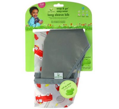 Green Sprouts, Snap & Go Easy Wear Long Sleeve Bib, 12-24 Months, Gray Firetruck, 1 Count