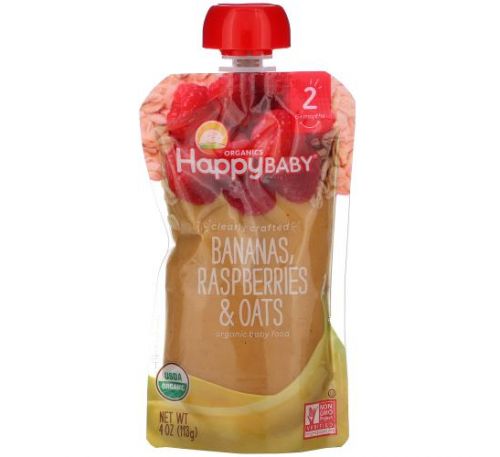 Happy Family Organics, Clearly Crafted, органічне дитяче харчування, етап 2, від 6 місяців, банани, малина та овес, 113 г (4 унції)