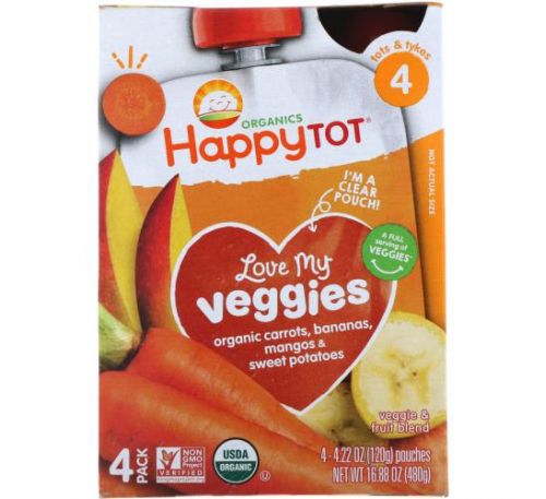 Happy Family Organics, Happy Tot, Love My Veggies, Carrot, Banana, Mango & Sweet Potato, 4 Pouches - 4.22 oz (120 g) Each