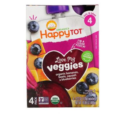Happy Family Organics, Happy Tot,  Stage 4, Love My Veggies, Organic Bananas, Beet, Squash & Blueberries, 4 Pouches, 4.22 oz (120 g) Each