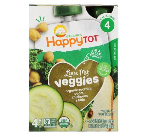 Happy Family Organics, Happy Tot, Stage 4,  Love My Veggies, Organic Zucchini, Pears, Chickpeas & Kale, 4 Pouch, 4.22 oz (120 g) Each