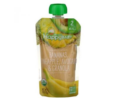 Happy Family Organics, Organic Baby Food, Stage 2, Clearly Crafted, 6+, Bananas, Pineapple, Avocado & Granola, 4 oz (113 g)