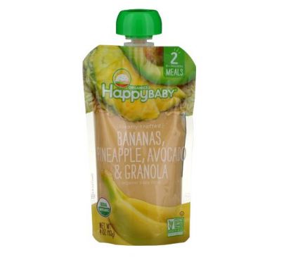 Happy Family Organics, Organic Baby Food, Stage 2, Clearly Crafted, 6+, Bananas, Pineapple, Avocado & Granola, 4 oz (113 g)