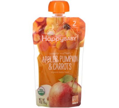 Happy Family Organics, Organic Baby Food, Stage 2, Clearly Crafted, 6+ Months Apples, Pumpkin & Carrots, 4 oz (113 g)