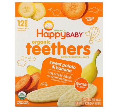 Happy Family Organics, Organic Teethers, органічні вафлі для бережного прорізування зубів, для малюків, що сидять, із бататом і бананом, 12 пакетиків по 4 г (0,14 унції)