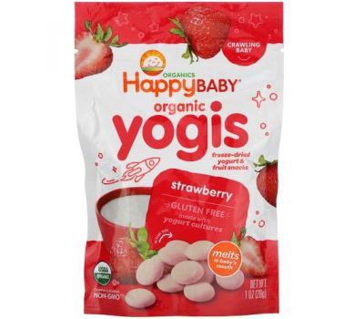 Happy Family Organics, Yogis, органічні снеки з сублімованого йогурту та фруктів, полуниця, 28 г (1 унція)