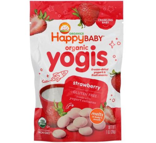 Happy Family Organics, Yogis, органічні снеки з сублімованого йогурту та фруктів, полуниця, 28 г (1 унція)