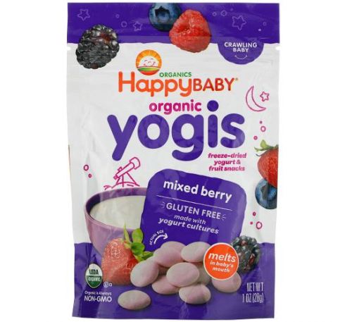 Happy Family Organics, Yogis, органічні снеки з сублімованого йогурту та фруктів, ягідне асорті, 28 г (1 унція)