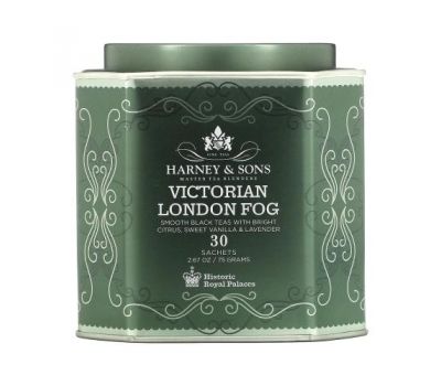 Harney & Sons, Victorian London Fog, мягкий черный чай с яркими цитрусовыми, сладкой ванилью и лавандой, 30 пакетиков, 75 г (2,67 унции)