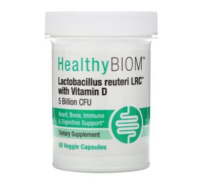 HealthyBiom, Lactobacillus Reuteri LRC с витамином D, 5 млрд КОЕ, 60 растительных капсул